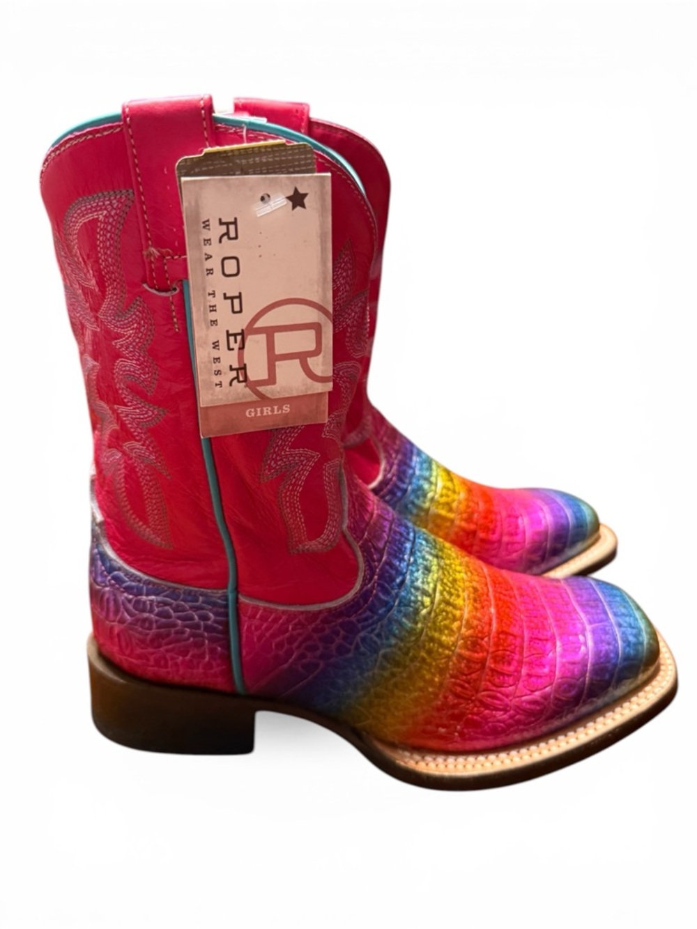 Roper Girls Rainbow Croc-Embossed Pink Western Boots Size 2